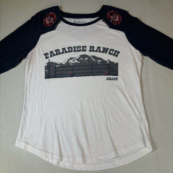 ARIAT Ladies Ranch Flowers Raglan Shirt Size Medium Cowgirl Western Classic Fit - Picture 2 of 9